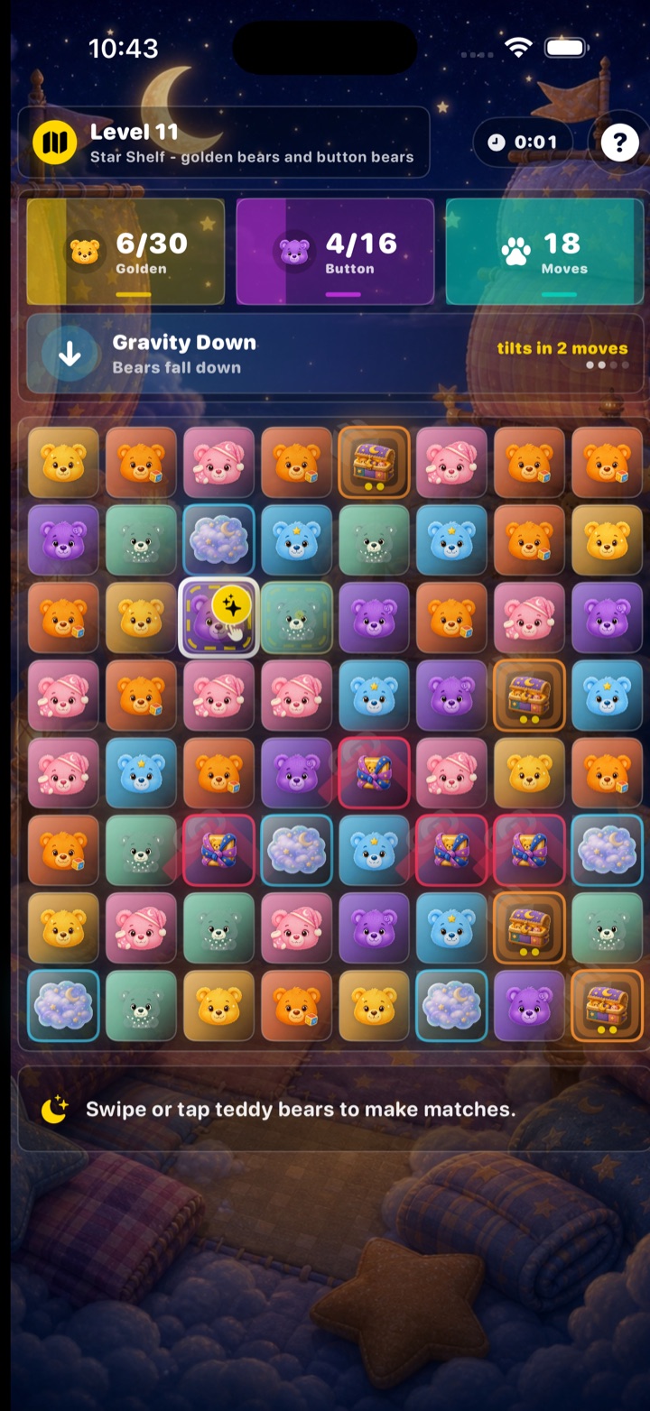 Teddy Toy Match gameplay screen showing teddy bear matching goals and the puzzle board.