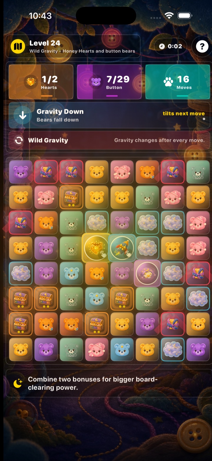 Bonus combo gameplay with honey hearts and rockets.