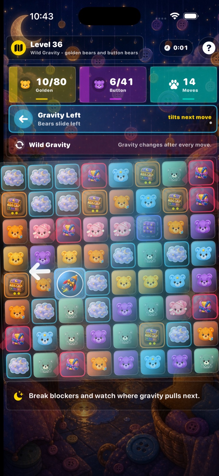 Teddy Toy Match gravity and obstacle level with teddy bears, blockers, and goals.