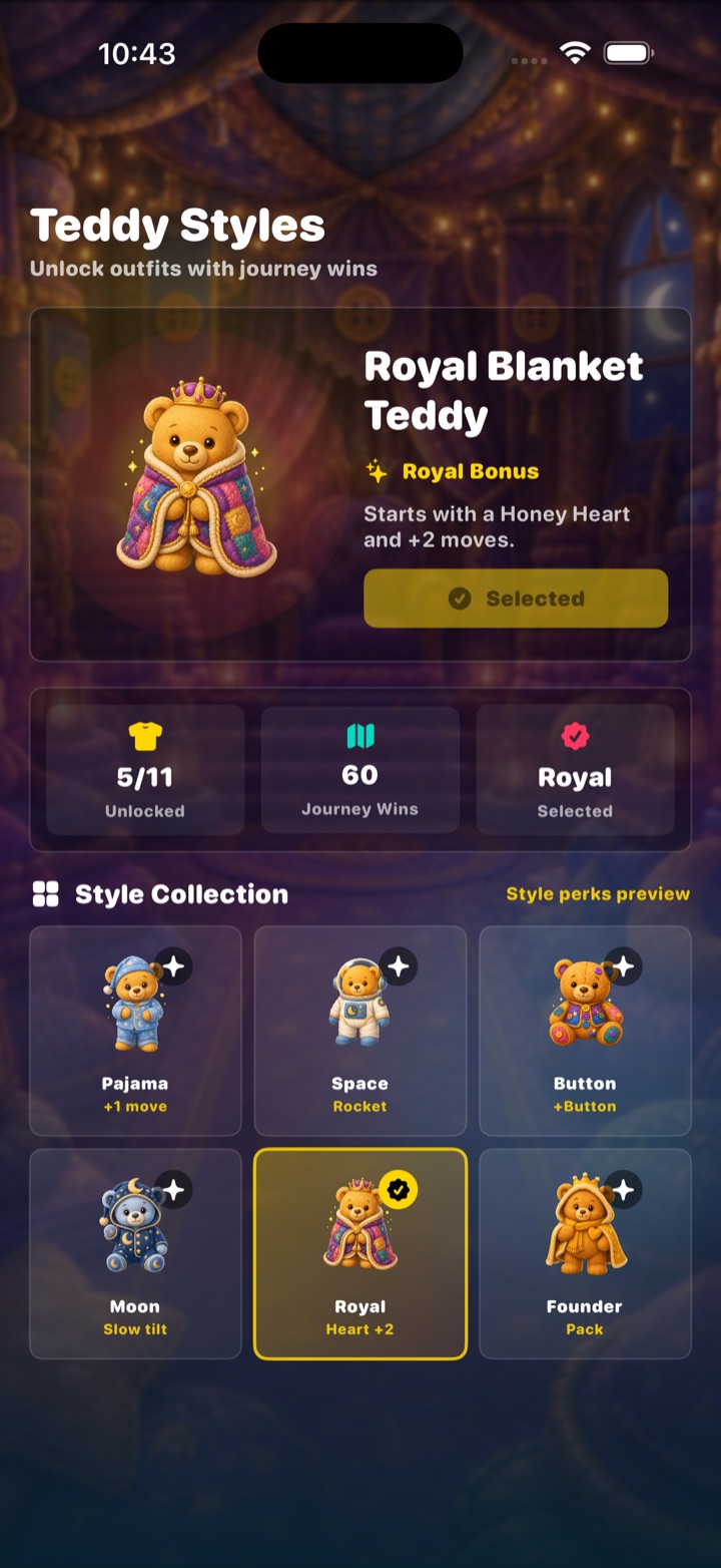 Unlockable teddy style collection screen.